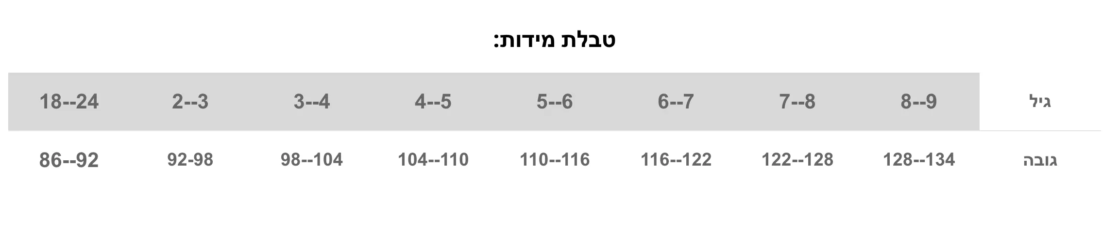 טבלת מידות